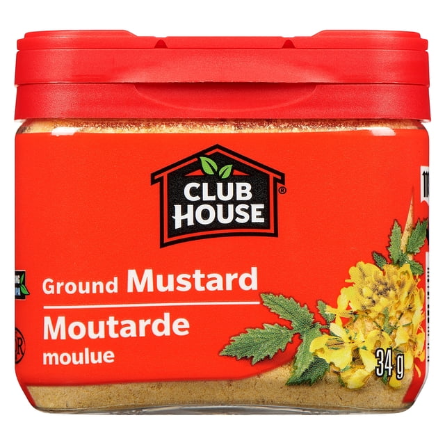 Club House Ground Mustard, 34g container with red lid and label featuring yellow mustard flowers and green leaves, offering warm, intense mustard flavor ideal for condiments, sauces, marinades, and summer salads in Canadian pantries.