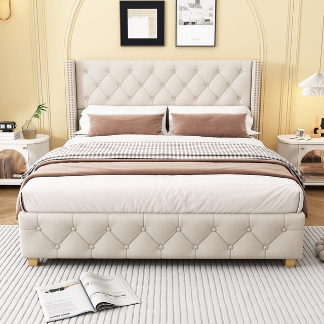 Queen Size (60''×80'') Linen Upholstered Platform Bed - Classic Wingback Headboard with Diamond Tufted Button Upholstery, Gold Nailhead Trim & Sturdy Wooden Legs, Mattress Not Included, Beige