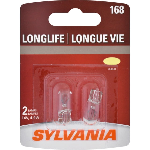 SYLVANIA 168 Long Life Mini Bulbs package with two clear 14V 4.9W automotive replacement light bulbs in a red and white blister pack featuring bilingual 'Long Life | Longue Vie' text and brand name, designed for car lighting and lamps.