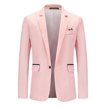 Men's Blazer Business Casual Solid Color Button Suit Jacket Slim Lightweight Turndown Collar Work Coats with Pockets Pink M
