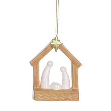 HOLIDAY TIME 4.5 Inch Nativity Scene Ornament, Ceramic Holy Family Stable Hanging Decor with Golden Star, Christmas Tree Ornament