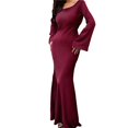 thumbnail image 3 of Maxi Dresses for Women Elegant Classy Fall Long Bell Sleeve Ruched Bodycon Fitted Cocktail Party Slit Dress Deep Red S, 3 of 7