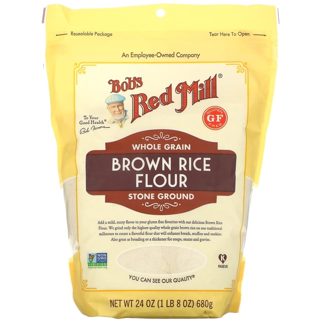 Bob's Red Mill Farine de Riz Brun, Grains Entiers, 24 oz (680 g) dans un Emballage Jaune Refermable. l'Avant Met en Valeur le logo de la Marque, certification Sans Gluten et Farine de Grains Entiers Moulue sur Pierre. Idéal pour la Cuisson, l'Enrobage, l'Épaississement des Soupes et les Recettes d'Asie du Sud.
