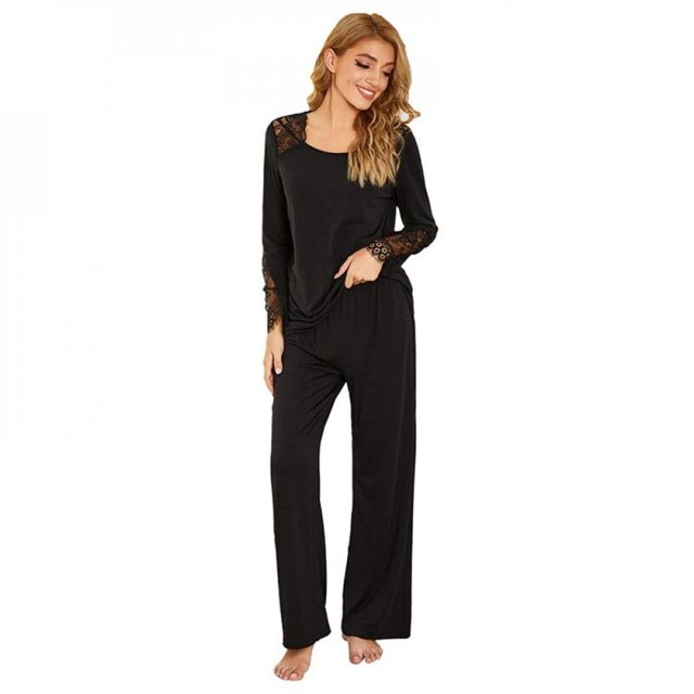 Nouveau Style Automne et Hiver Pyjama Décontracté en Coton à Manches Longues pour Femmes Noir TG