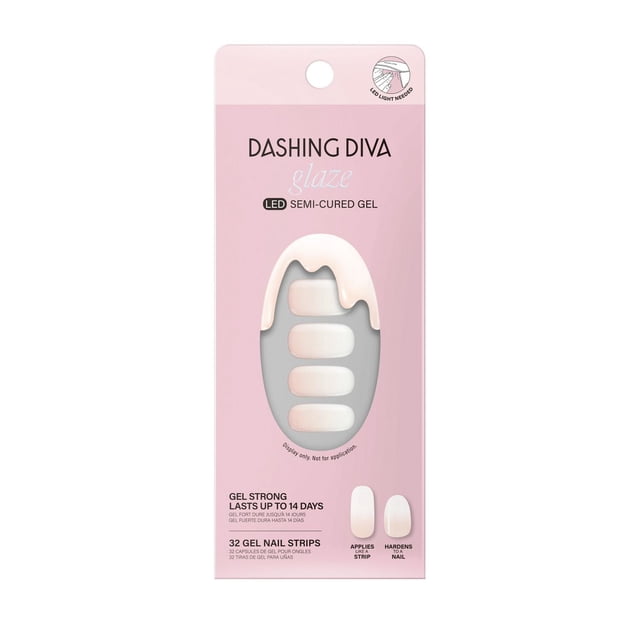 DASHING DIVA - GLAZE - LUXE EXPENSIVE semi-cured gel nail strips in soft pink on pink packaging, containing 32 strips for LED curing, gel strong formula lasting up to 14 days, suitable for false nails and acrylic nail care with easy application and hardening.