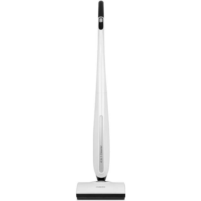 Hizero 4 in 1 Mop, a white bionic hard floor cleaner designed for sweeping and mopping. Features include a lithium-ion 19V 44-watt battery, self-cleaning mop roller, solid and liquid waste separation, and quiet operation. The device is energy-efficient, saving water and electricity compared to conventional cleaning systems.