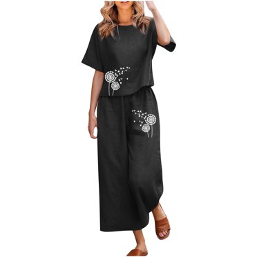 Birdeem Ladies Summer Fashion Casual Loose Round Neck Short Sleeve Printing Wide Leg Linen Suit