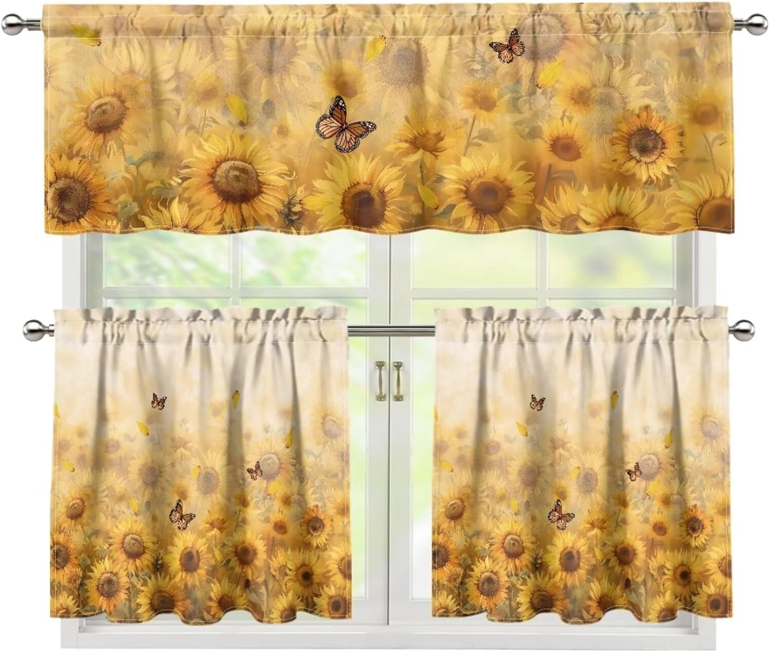 3PCS Fall Kitchen Window Curtain Set with 24" Length Tiers and Valance Heart Rod Pocket Cafe Curtains Fall Sunflower Butterfly Window Curtains Treatment,Fall Home Collection