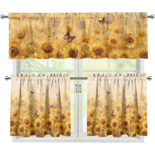 3PCS Fall Kitchen Window Curtain Set with 36" Length Tiers and Valance Heart Rod Pocket Cafe Curtains Fall Sunflower Butterfly Window Curtains Treatment,Fall Home Collection