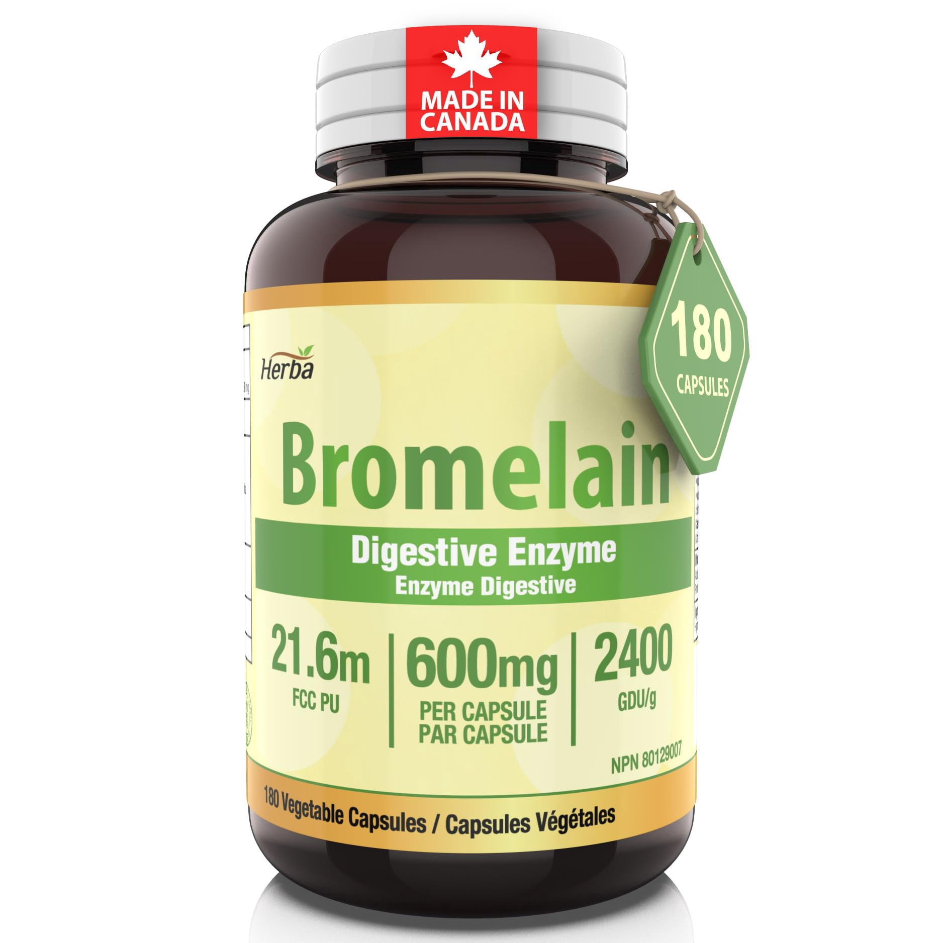 Herba Bromelain Supplement 600mg – 180 Capsules | 2,400 GDU/g Max Potency | Made in Canada