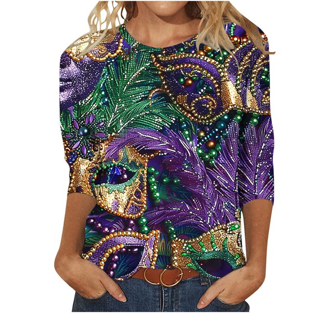 Penkiiy Blouse Carnaval pour Femmes Mardi Gras Mode Imprimée Décontractée Col Rond Manches 3/4 T-shirt Blouse L Multicolore