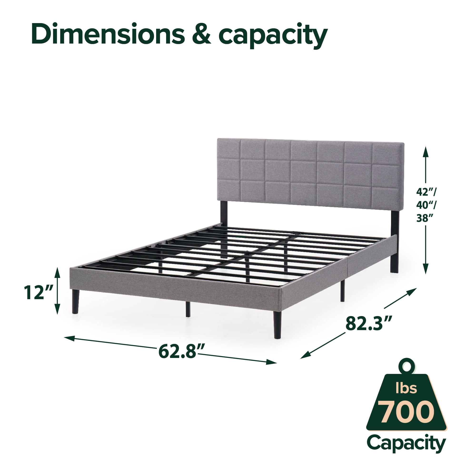 Mainstays Upholstered Full Platform Bed Frame with Square Stitch Height Adjustable Headboard, Grey