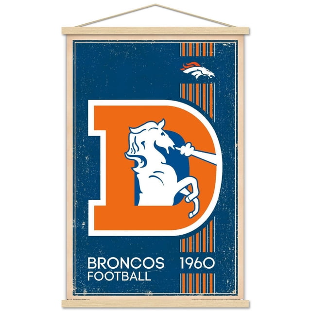 NFL Denver Broncos - Retro Logo 14 Wall Poster, 22.375" x 34" with a large orange letter D containing a white bronco horse on a blue distressed background, featuring 'BRONCOS FOOTBALL 1960' text and the modern Denver Broncos logo in the top right, hung with light wood poster hangers, suitable for sports fan room decor or party use.