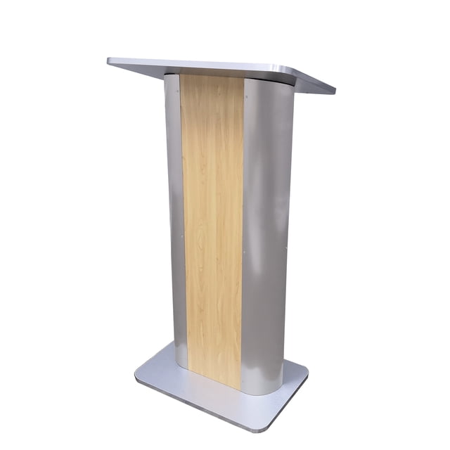 FixtureDisplays® 49" Maple Melamine Podium Pulpit Lectern With Curved Brushed Stainless Steel Sides 19629