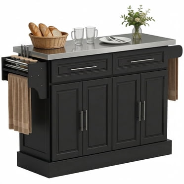 HOMCOM Îlot de Cuisine avec Dessus en Acier Inoxydable, 2 Tiroirs et 2 Armoires