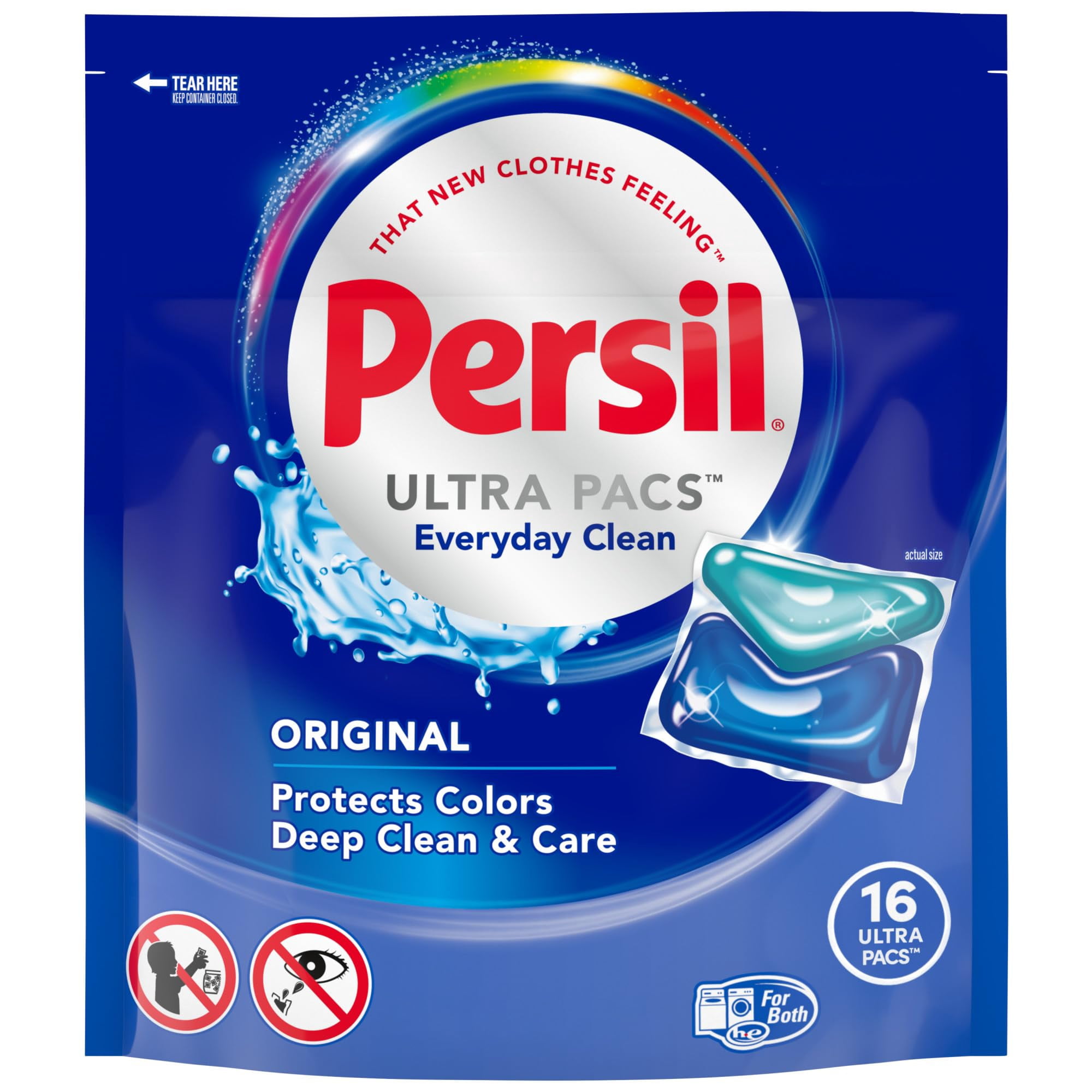 Persil Ultra Pacs Original Everyday Clean Laundry Detergent, 16 Count - Advanced Deep Clean, Fabric Protection, Vibrant Colors, Works in All Washer Types, Convenient Premeasured Pacs