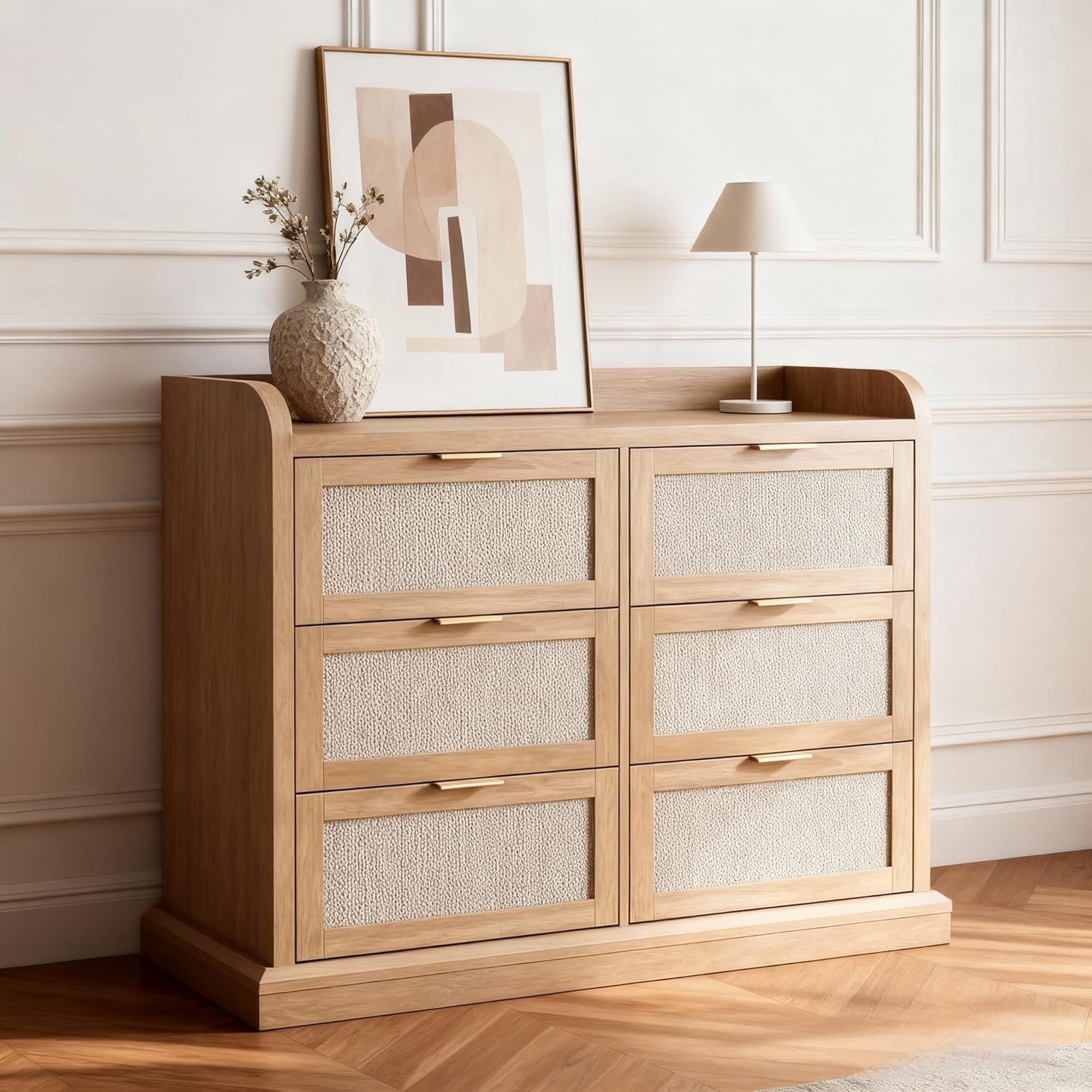 Farmhouse 6 Drawer Dresser for Bedroom, Rattan Chest of Drawers with Storage,Large Dresser Chest of Drawers with Gold Handle,Boho TV Stand for Bedroom/Living Room/Entryway/Closet(Brown)