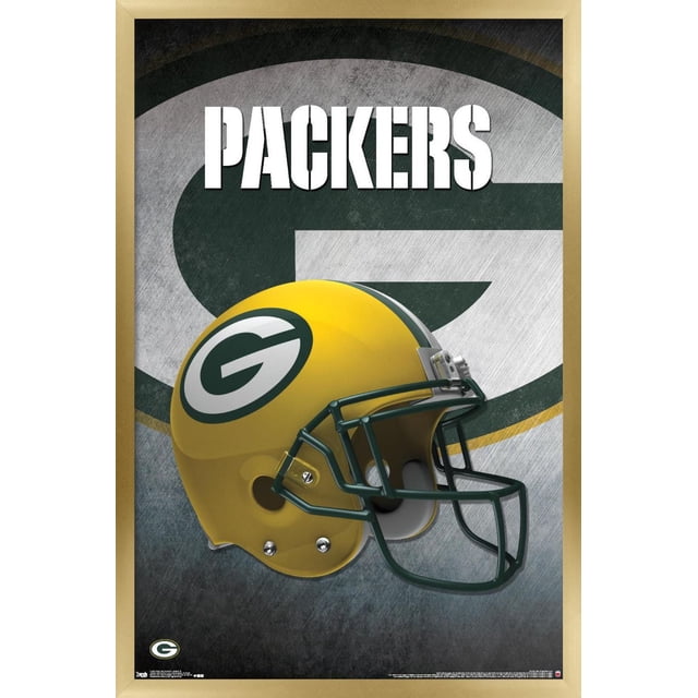 NFL Green Bay Packers - Affiche Murale de Casque 16, 22,375 Po x 34 Po Encadrée Montrant un Casque de football Jaune avec un Masque Vert et le logo « g » des Packers sur le Côté, sur Fond Texturé avec un Grand logo des Packers Délavé et un Texte « Packers » Blanc Audacieux au-Dessus, Convient à la Déco Murale dans les Chambres, les Bureaux Ou les Salles de Fans.