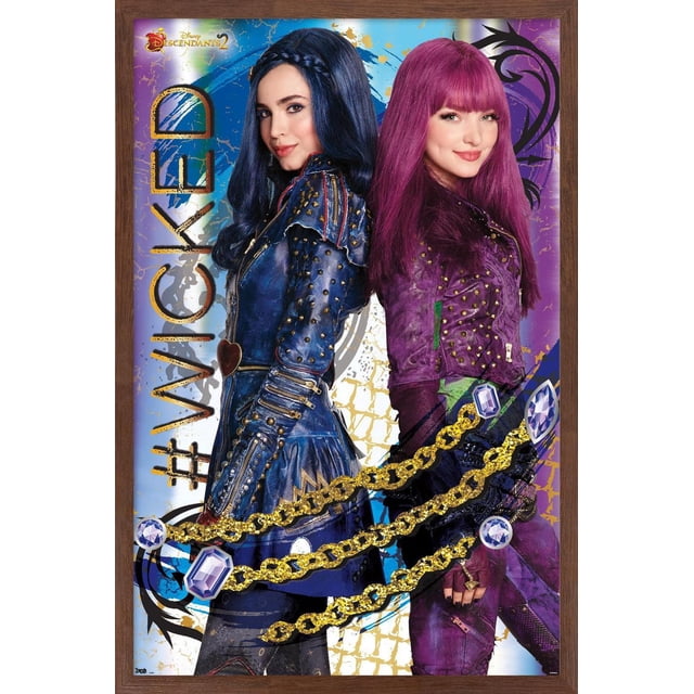 Disney Descendants 2 - Wicked Affiche Murale, 14,725 Po x 22,375 Po Encadrée Présentant Deux Personnages Debout l'Un derrière l'Autre en Tenues de Cuir Bleu et Violet Cloutées avec Chaîne Dorée et Détails de Gemmes sur un Fond Abstrait Coloré avec le hashtag #Wicked, Convient pour l'Art Mural de Chambre Ou de Dortoir.