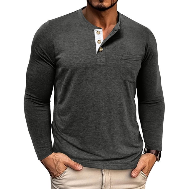 Yusimy Chandail Henley pour Homme à Manches Longues, Col Rond, Boutonné, Couleur Unie, avec Poche, Mode Décontractée