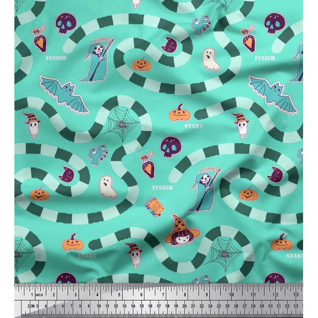 Soimoi Polyester Crepe Fabric Spider Web,Bat & Ghost Halloween Print Fabric by The Yard 52 Inch Wide