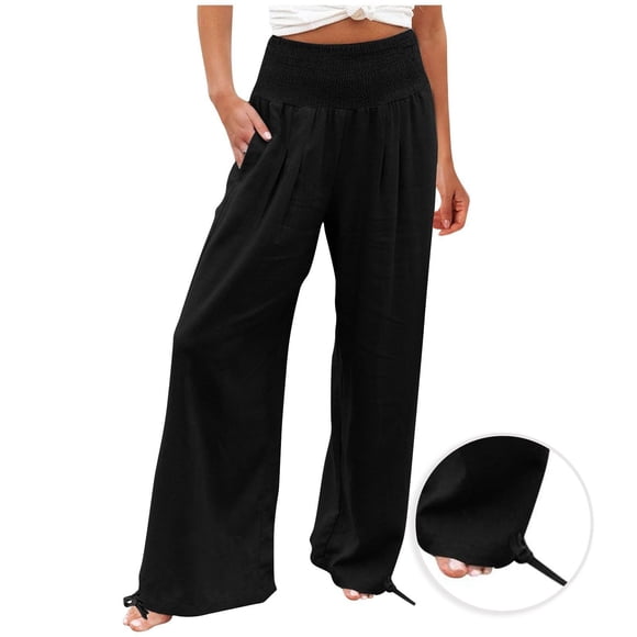 TIMIFIS Fall Wide Leg Pants for Women Casual Elastic High Waist Smocked Palazzo Lounge Pants Yoga Sweatpants Comfy Sports Athletic Lounge Pants-Black-SBlack Fall