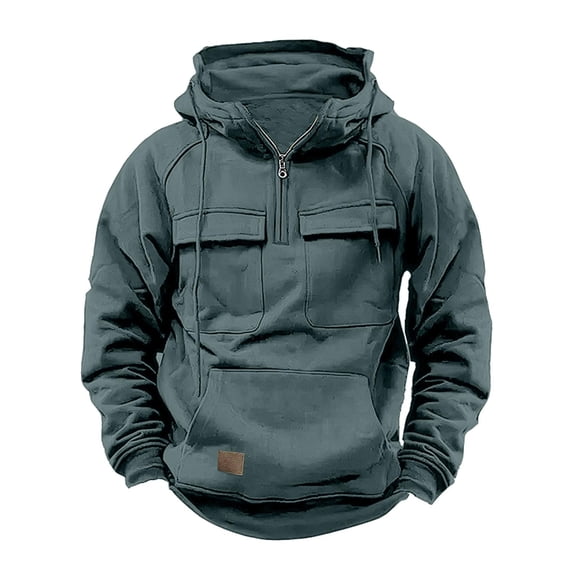 lcziwo Mens Western Quarter Zip Tactical Hoodies for Men Long Sleeve Hooded Sweatshirt Vintage Sweatshirt Solid Drawstring Hoodie with Pocket 2024Gray,XL