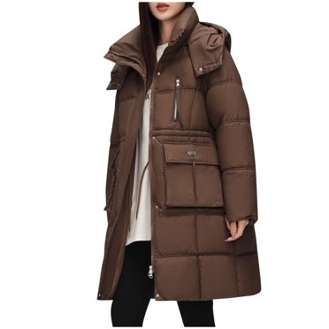 WRKEKC Reversible Winter Coat for Women Long Double Breasted Zippered Pockets Warm Hooded Loose Fit Outerwear for Cold Weather Outdoor Daily Use Coffee L