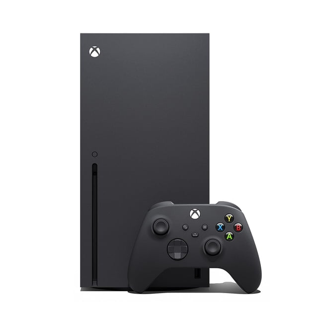 Remis à Neuf (Bon)XBox Series X Console 1 to - Console Noire de Style Tour Orientée vers l'Avant avec Fini Noir Mat et Bouton d'Alimentation visible; Stockage 1 to, SSD Personnalisé, Reprise Rapide, Jeux 4K jusqu'à 120 Ips par Spécifications de Produit. Affichée sur une Tablette de Salon; Souvent Utilisée comme Diffuseur Multimédia 4K.