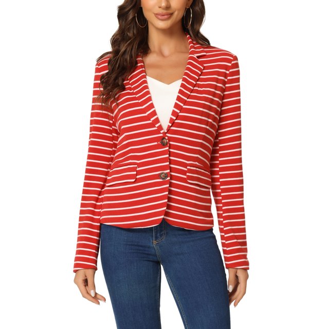 INSPIRE CHIC Blazer à Rayures pour Femme à Revers Cranté, Manches Longues, avec Boutons, Rouge, Taille TP. Ce Blazer Présente un Revers Cranté Classique, des Manches Longues et un Motif Rayé Blanc Intégral sur Fond Rouge. Il Présente une Fermeture à Double Bouton et Deux Poches à Rabat, Offrant un Style Sophistiqué et Polyvalent Adapté au Travail de Bureau, aux Tenues Décontractées Ou au Magasinage. Fabriqué à 95 % de polyester et 5 % d'Élasthanne pour une Coupe Confortable.