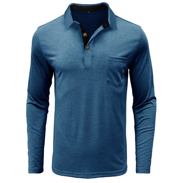 Penkiiy Mens Long Sleeve T-Shirts Casual Button V Neck Basic Shirts Trendy Solid Color Oversized Tees Tops with Pocket XL Blue