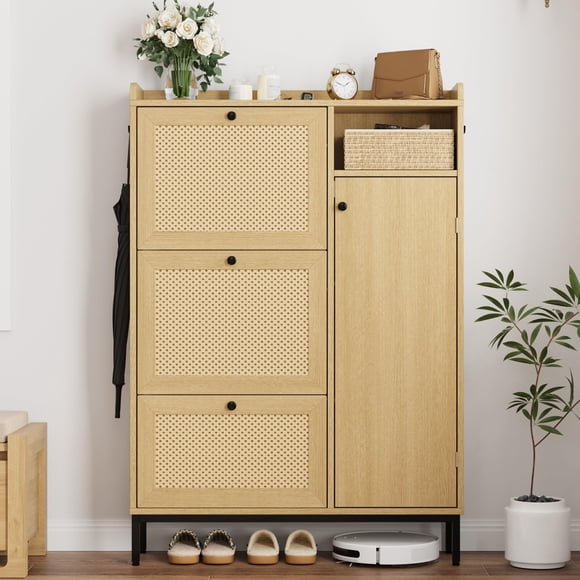TROPOW Armoire de Rangement pour Chaussures, Armoire à Chaussures à 3 Niveaux avec Tiroirs Basculants, Organisateur de Rangement pour Chaussures Autoportant Étroit avec Tablettes Ajustables, Armoire à Chaussures pour Entrée, Rebord sur le Dessus, Couleur Bois