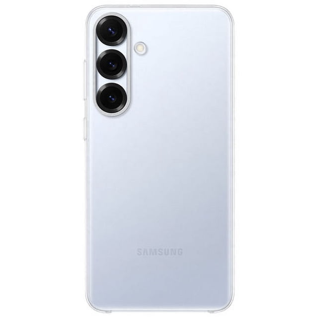 Samsung Galaxy S25+ Clear Case on a light silver Samsung Galaxy S25 Plus phone, featuring a transparent fitted hard plastic shell weighing 16g that protects the triple rear cameras and flash with UV and shock resistance and drop protection, also suitable for protecting phones during travel.