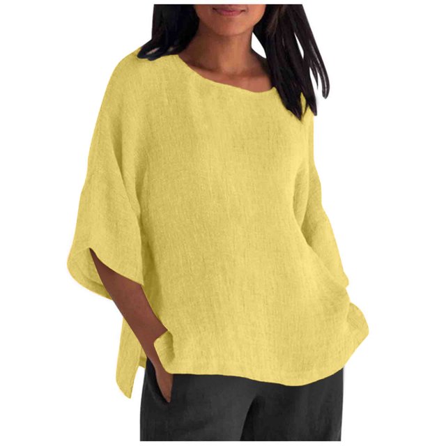 Tnhcen Chemise Décontractée à Manches 3/4 en Mélange de Coton et Lin pour Femmes, Col Rond, Automne - Grande Taille, Confortable, Tailles P-5TG