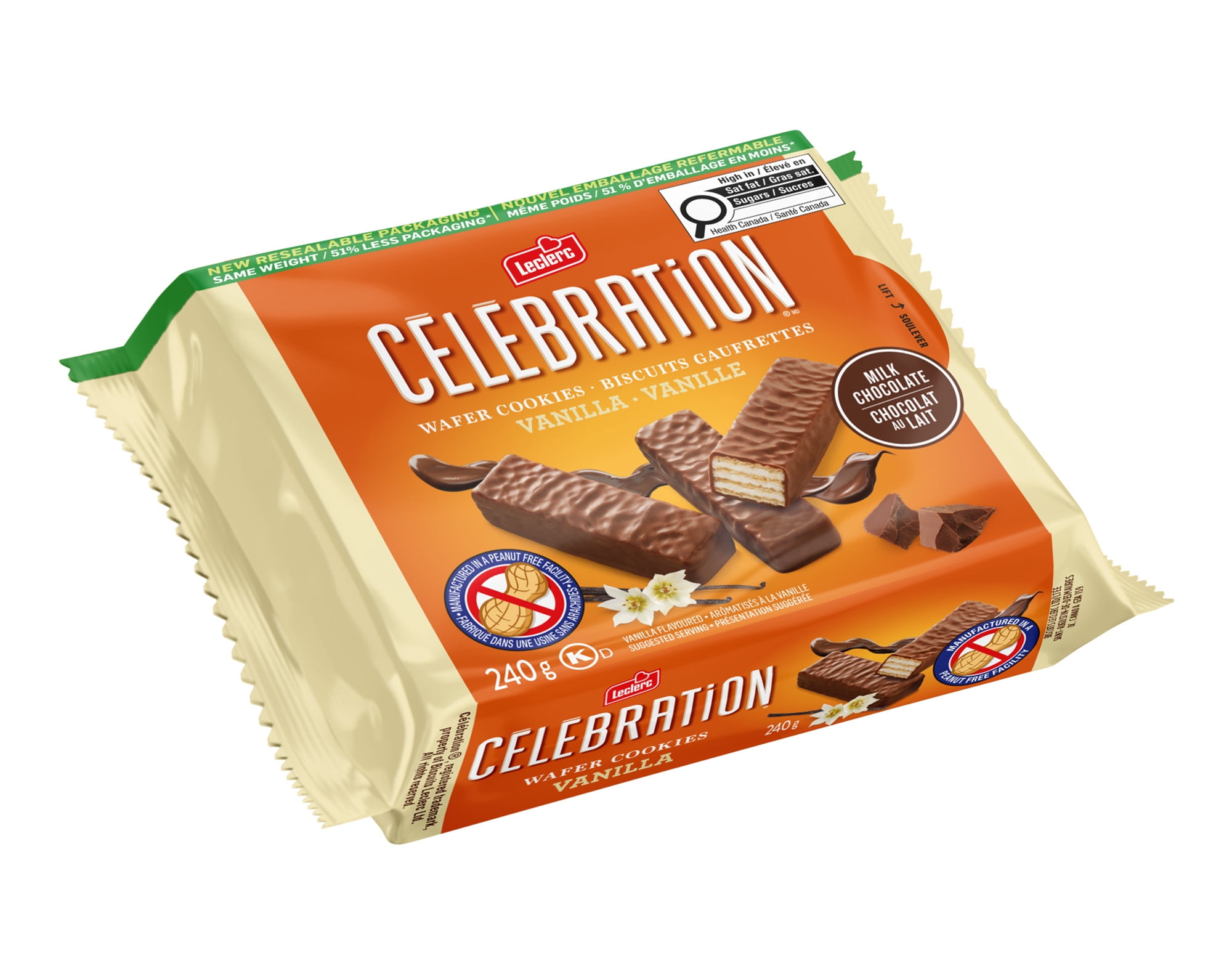 Gauf.Vanille Enrobe de chocolat au lait Celebration Leclerc 240g