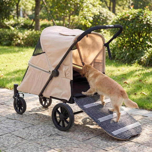 LAUSAINT HOME 4 Wheels Pet Stroller, Foldable Extra Large Dog Stroller for Medium & Large Dogs/Cats with Built-in Access Ramp, Dog Carrier Cat Stroller with Breathable Mesh, Khaki