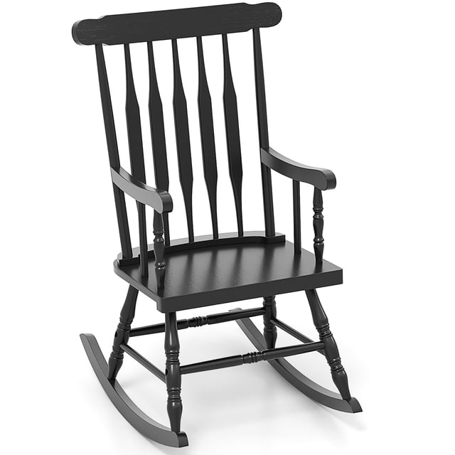 Gymax Wooden Rocking Chair Single Rocker in black, crafted from durable rubber wood. Features a slatted backrest, curved armrests, and a slightly curved seat for ergonomic comfort. Designed with a stable rocking base for safe and soothing use. Ideal for indoor and outdoor spaces like patios, gardens, or living rooms. Dimensions: 25.5'' x 32.5'' x 46.5'' (L x W x H).