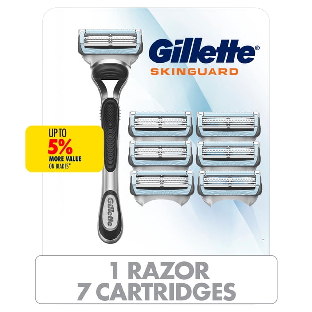 Gillette SkinGuard men's razor handle in silver and black with seven replacement SkinGuard blade cartridges arranged beside it, designed to minimize skin irritation and razor bumps for sensitive skin, displayed on a white and blue background with Gillette SkinGuard branding and a label indicating up to 5% more value on blades.