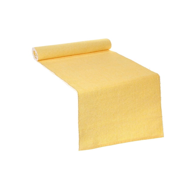 Chambray Ribbed Table Runner (Yellow) - Set of 2 shown partially unrolled on white background, featuring ribbed cotton texture and bright yellow colour, sized 13 by 54 inches, suitable for dining and coffee table linens and home décor, often used to organize table settings.