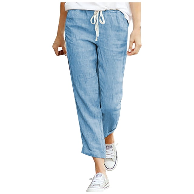 Yuyuzo Womens Cotton Linen Slacks Plus Size Lounge Pants Drawstring Waist Straight Leg Trousers Solid Color