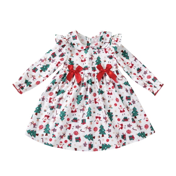 Splozh Toddler Baby Girl Christmas Dress Christmas Girls Dress Long Sleeve Christmas Printed Bow Baby Dress Party Dress Green,2-3 Years
