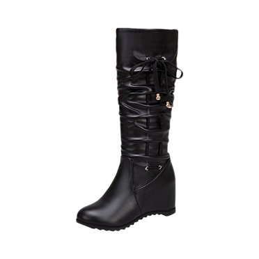 XZNGL Women Boots High Heel Shoes Pointed Toe Winter Casual Soild Mid-Calf Zip Boots Pleated Knight Boots Height Increase