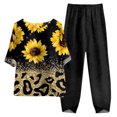 thumbnail image 1 of Mikilon Ensemble Élégant pour Femmes 2 Pcs Coton Lin Imprimé Manches Cinq-Quarts Col Rond + Pantalon Décontracté Noir-A 2TG, 1 of 3