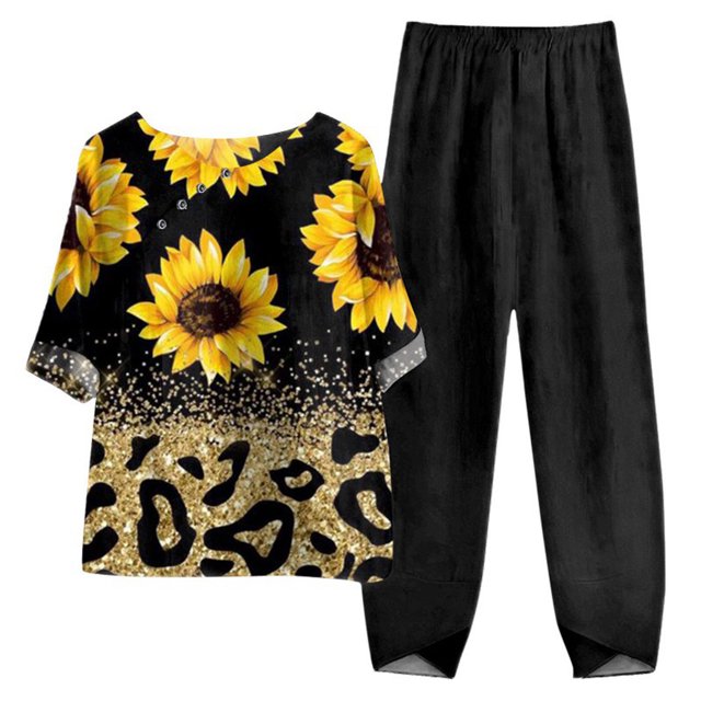 Mikilon Ensemble Élégant pour Femmes 2 Pcs Coton Lin Imprimé Manches Cinq-Quarts Col Rond + Pantalon Décontracté Noir-A 2TG