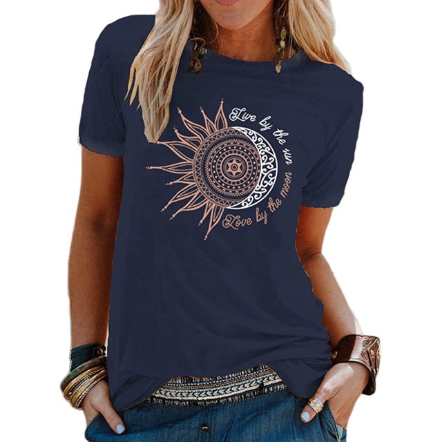 MAWCLOS Dames Tops Tournesol Imprimé T-Shirt Manches Courtes Tee-Shirt de Mode de Travail Col Rond Top Bleu Marine