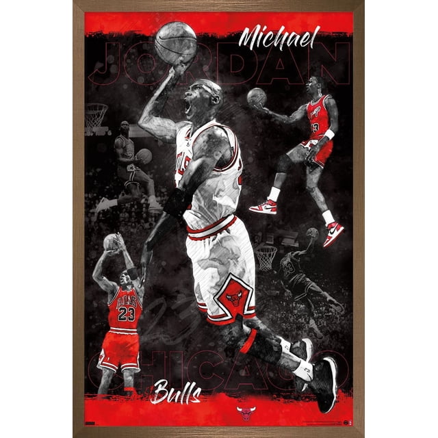 Michael Jordan - Sketch Wall Poster, 22.375" x 34" framed featuring multiple sketches of Michael Jordan in Chicago Bulls uniforms performing basketball moves like dunking and shooting, set on a black and red background with 'Michael Jordan' and 'Chicago Bulls' text and the Bulls logo at the bottom, suitable for sports-themed wall art.