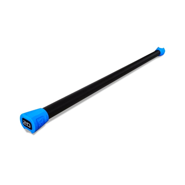 CAP Barbell Weighted Workout Bar 20 lb with a black steel and iron shaft encased in soft EVA foam, featuring bright blue oval end caps marked '20' for easy weight identification, ideal for strength, conditioning, and balance training.