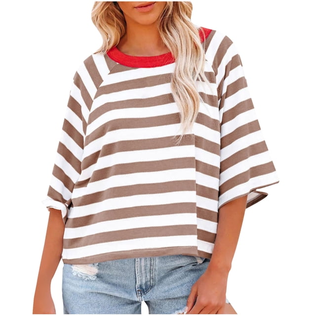 Penkiiy Hauts pour Femmes à Rayures 2025 Mode T-Shirts à Manches 3/4 pour Femmes Design à Blocs de Couleur T-Shirt Basique Ample 2TG Kaki
