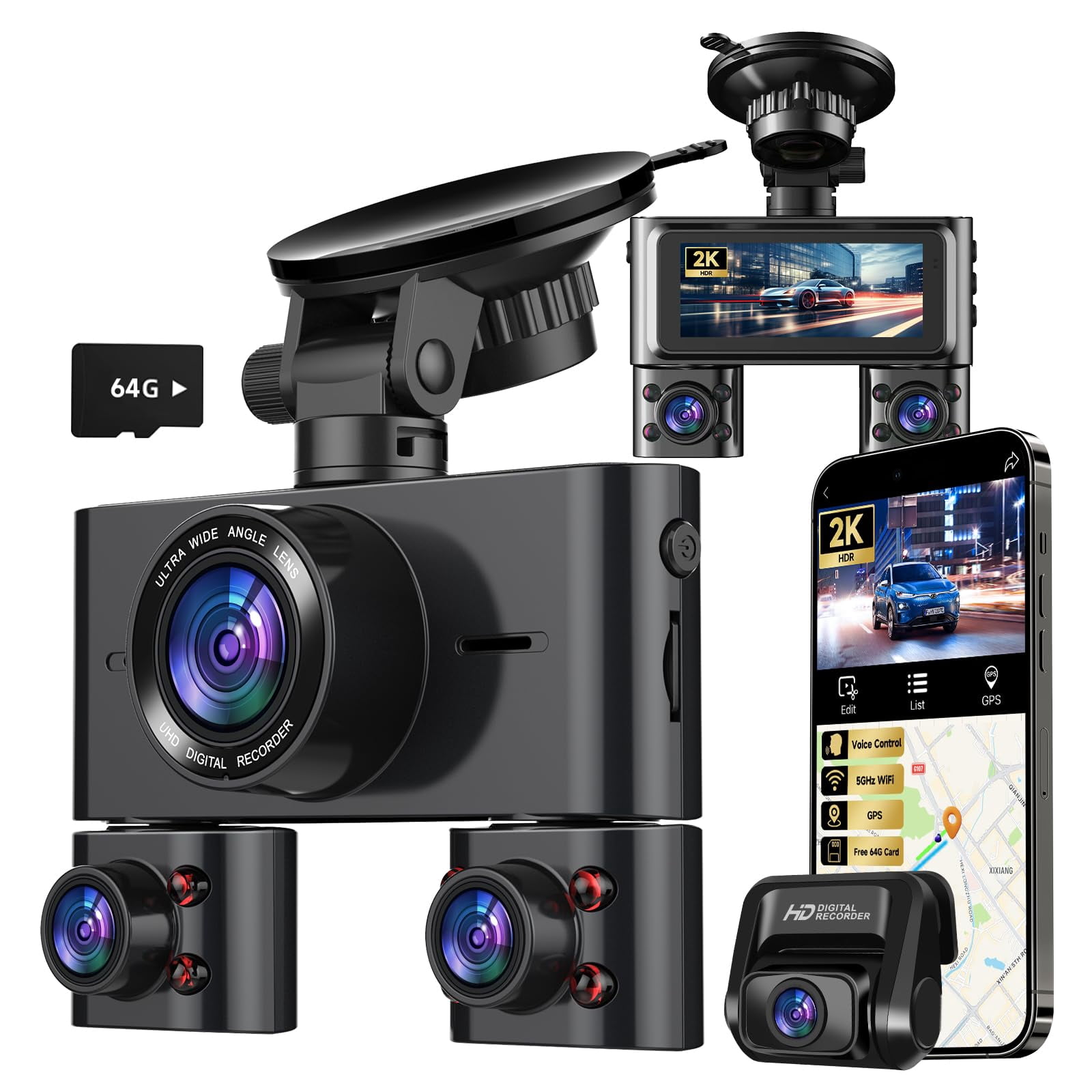 Dash Cam 360&deg;, 4 Channel Camera for Cars Front and Rear Inside, 2K FHD Mini Dashcam, 5G WiFi, GPS, Free 64G Card, Voice Control, WDR, HDR, Night