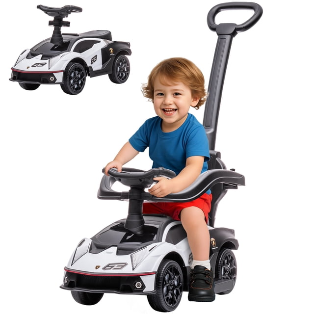 Aosom 3 in 1 Ride on Push Car, Licensed Kids Sliding Car in white, featuring a foot-to-floor design with a steering wheel for directional control. The car includes removable side barriers for safety, a push handle, and a spacious storage compartment under the seat. Suitable for children aged 18-36 months, with a weight capacity of 55 lbs. The image shows a child seated in the car with the push handle attached.